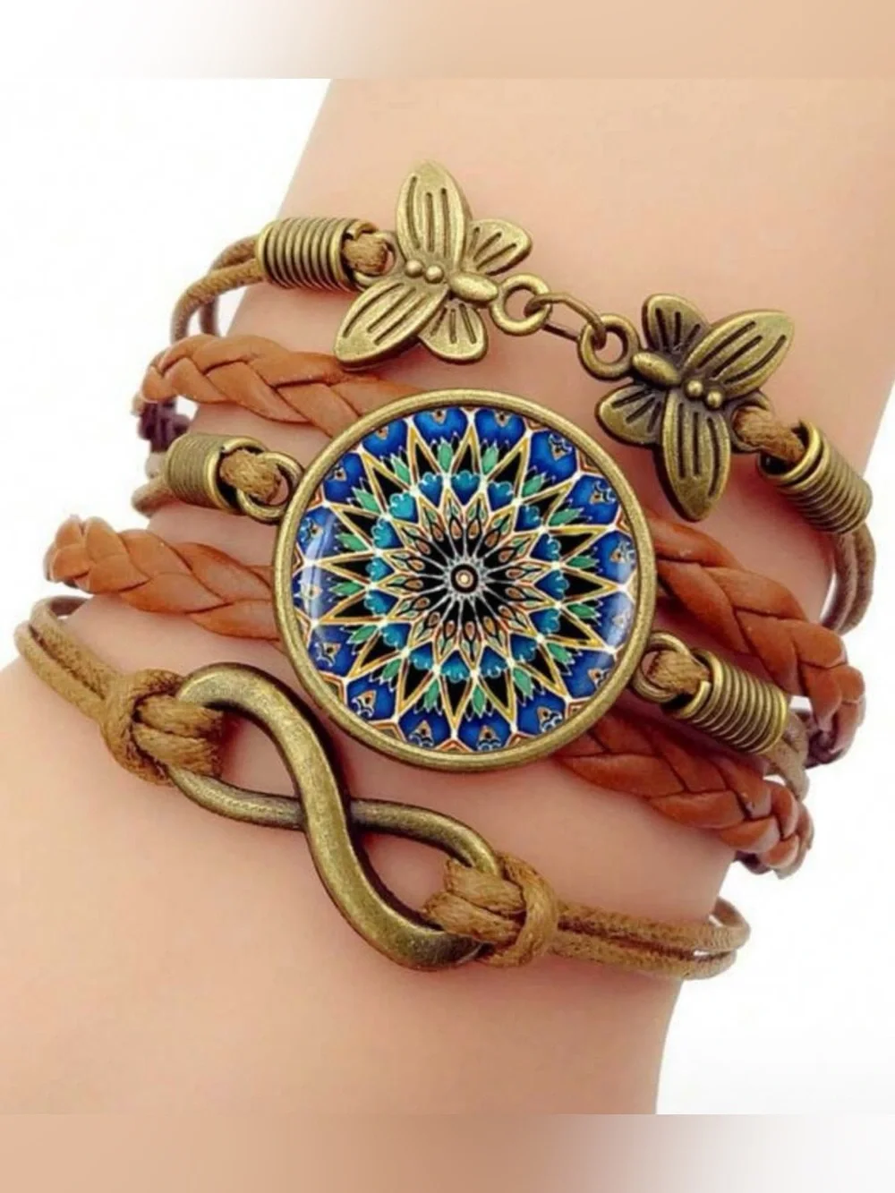 Boho Brown Leather Multi-Strand Bracelet with Blue Mandala Accent